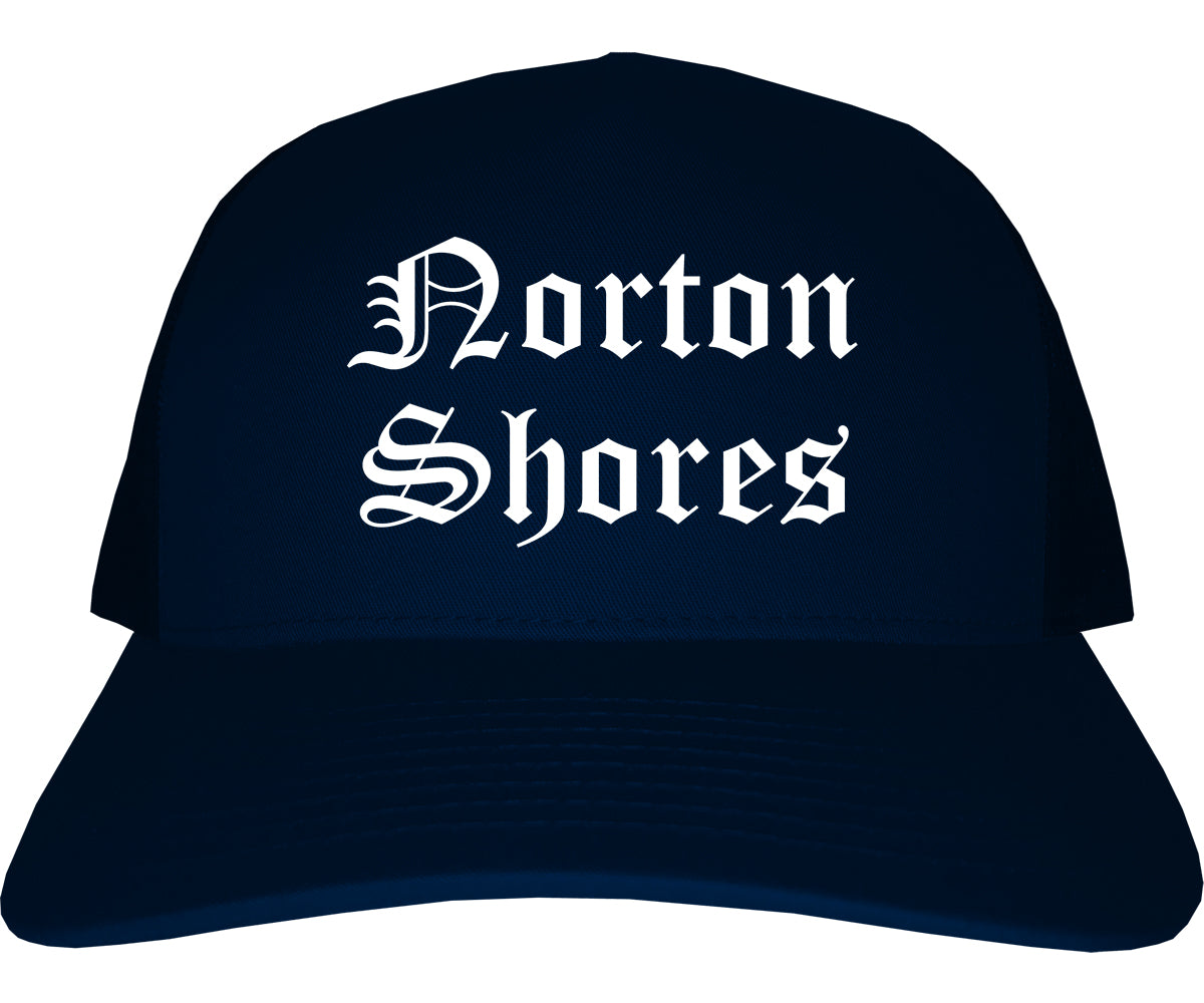 Norton Shores Michigan MI Old English Mens Trucker Hat Cap Navy Blue