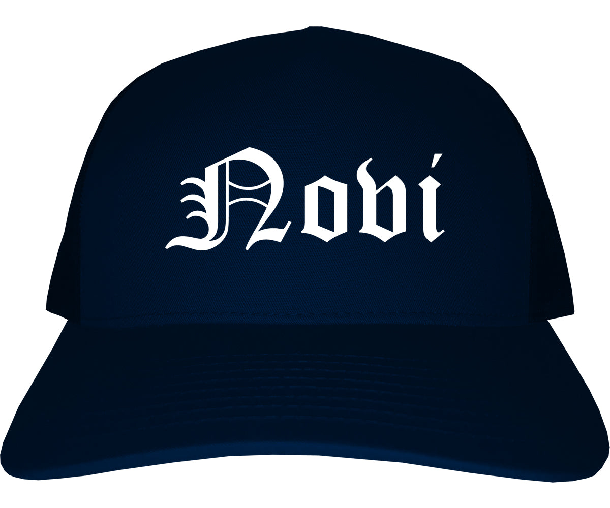 Novi Michigan MI Old English Mens Trucker Hat Cap Navy Blue