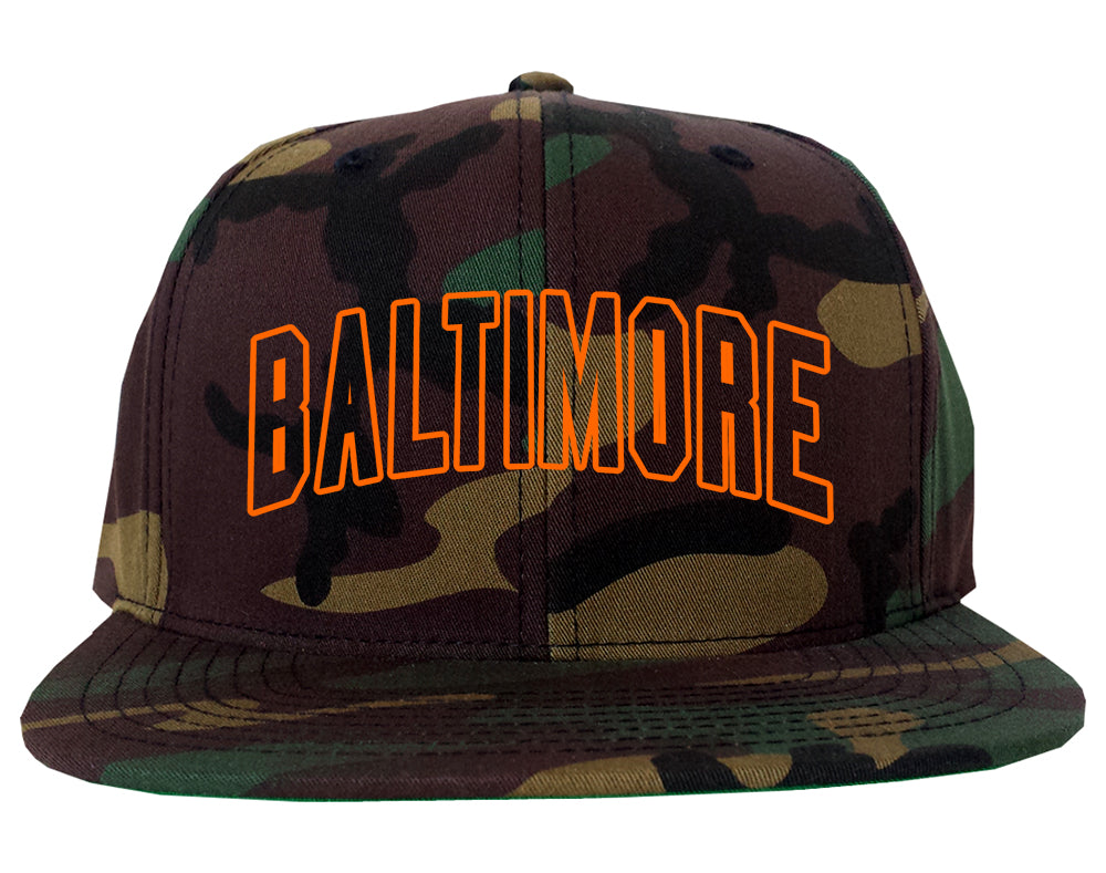 ORANGE Baltimore Maryland Outline Mens Snapback Hat Camo