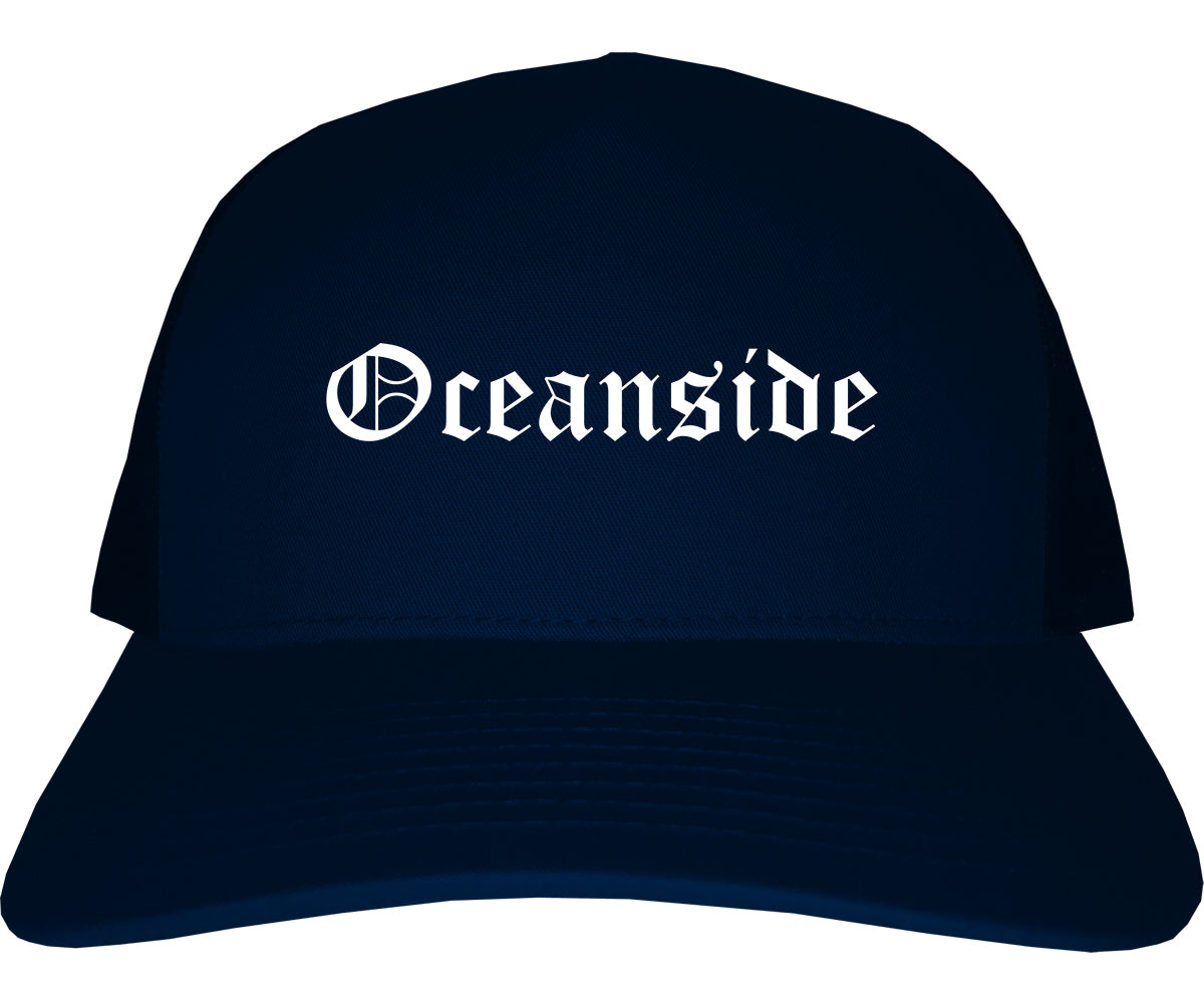 Oceanside California CA Old English Mens Trucker Hat Cap Navy Blue