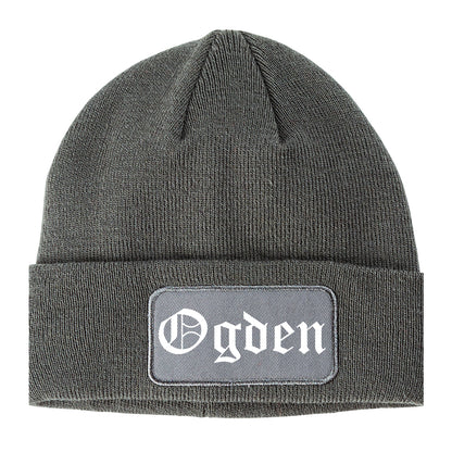 Ogden Utah UT Old English Mens Knit Beanie Hat Cap Grey