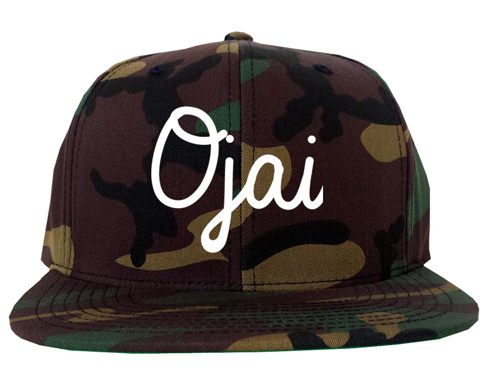 Ojai California CA Script Mens Snapback Hat Army Camo