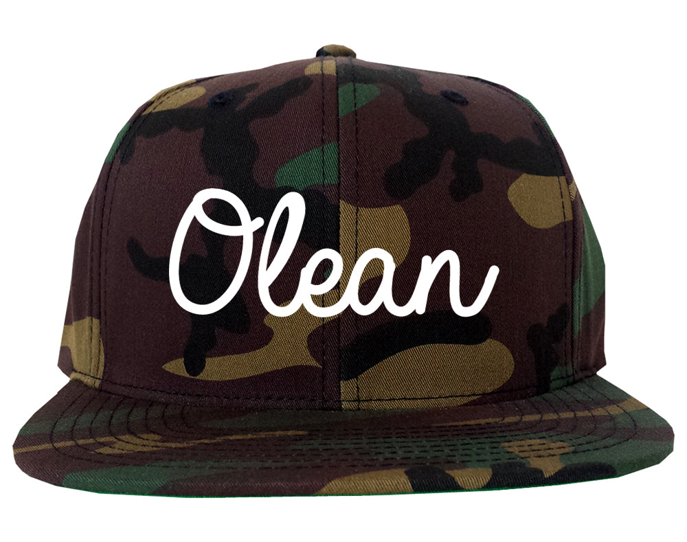 Olean New York NY Script Mens Snapback Hat Army Camo