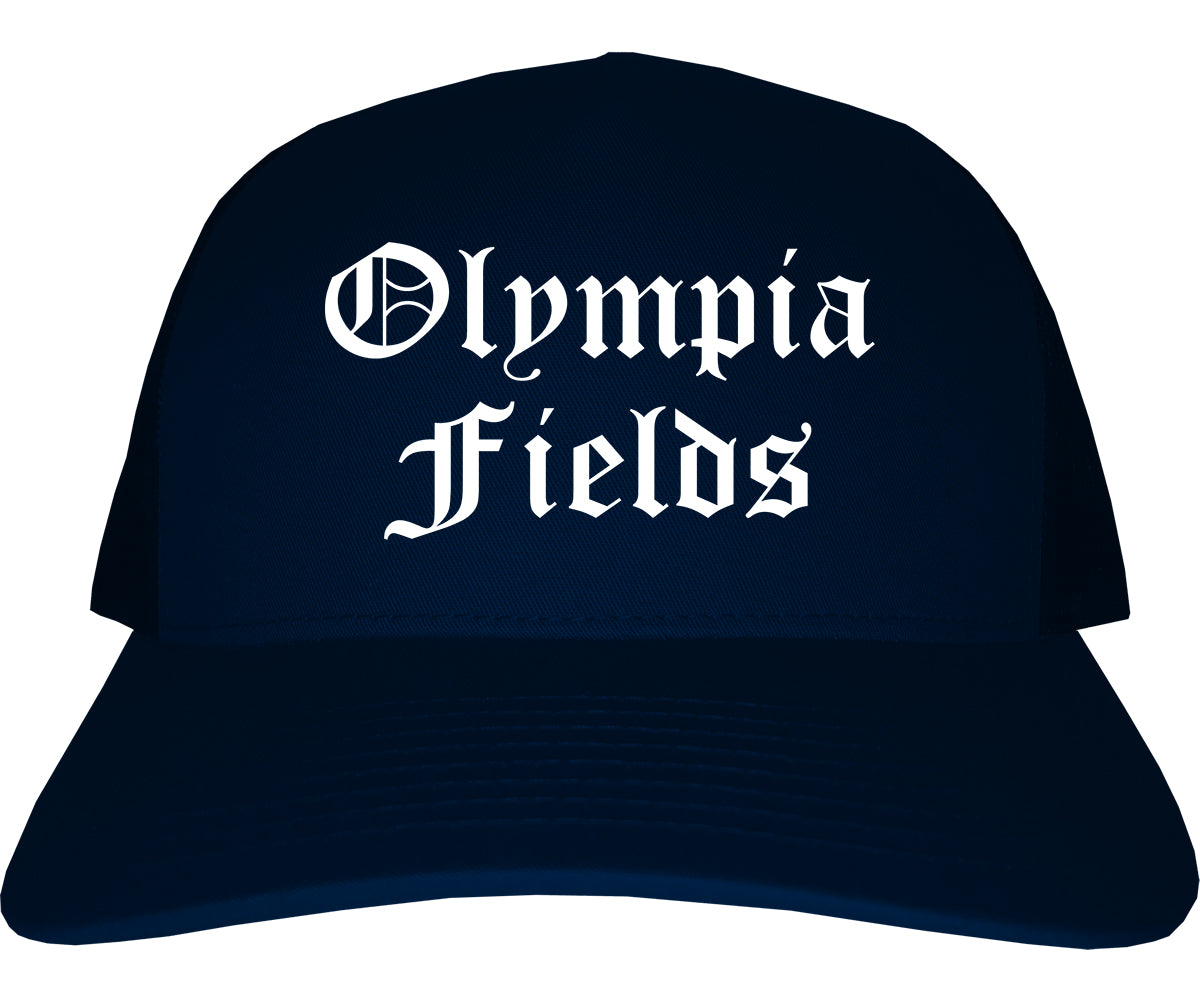 Olympia Fields Illinois IL Old English Mens Trucker Hat Cap Navy Blue