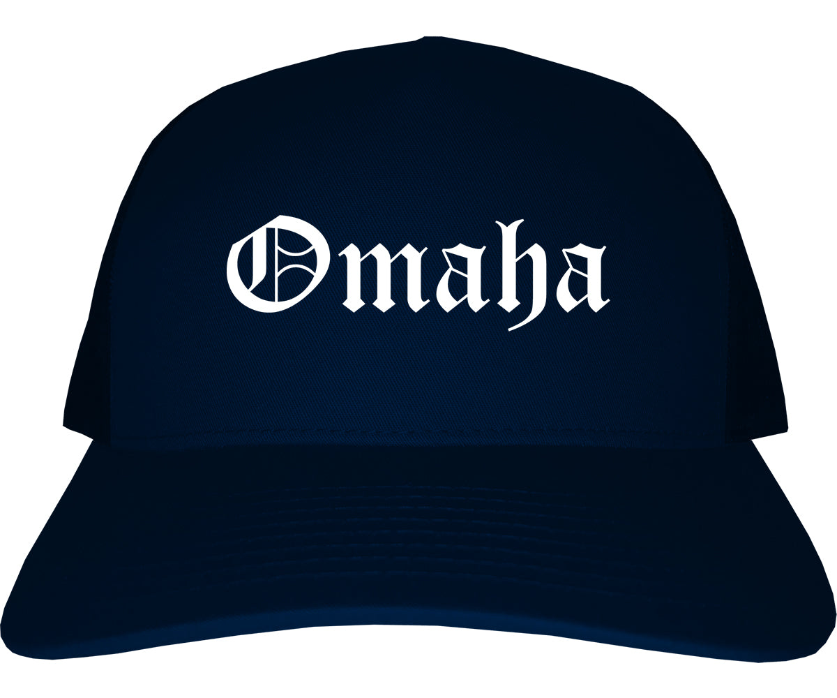 Omaha Nebraska NE Old English Mens Trucker Hat Cap Navy Blue