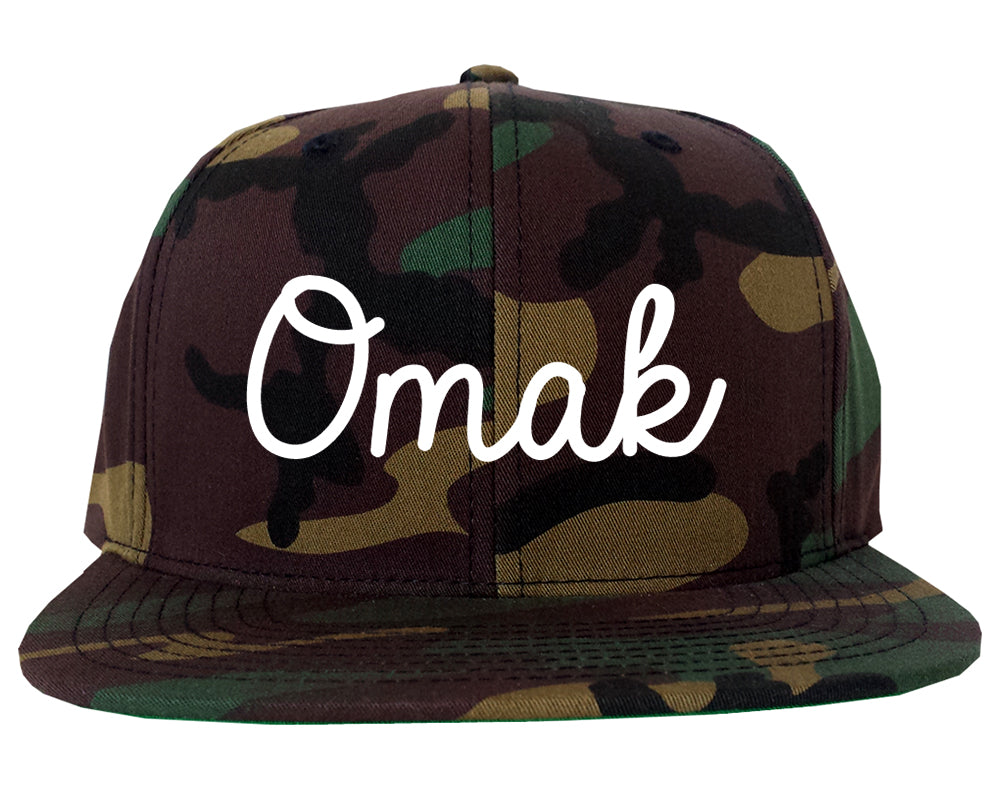 Omak Washington WA Script Mens Snapback Hat Army Camo