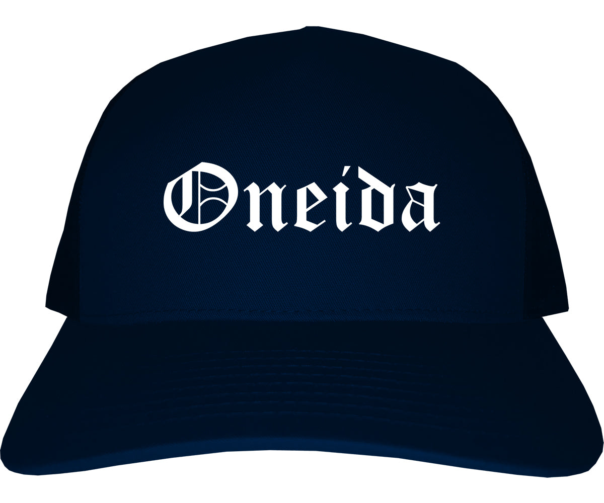 Oneida New York NY Old English Mens Trucker Hat Cap Navy Blue