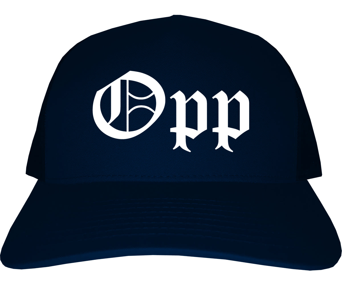 Opp Alabama AL Old English Mens Trucker Hat Cap Navy Blue