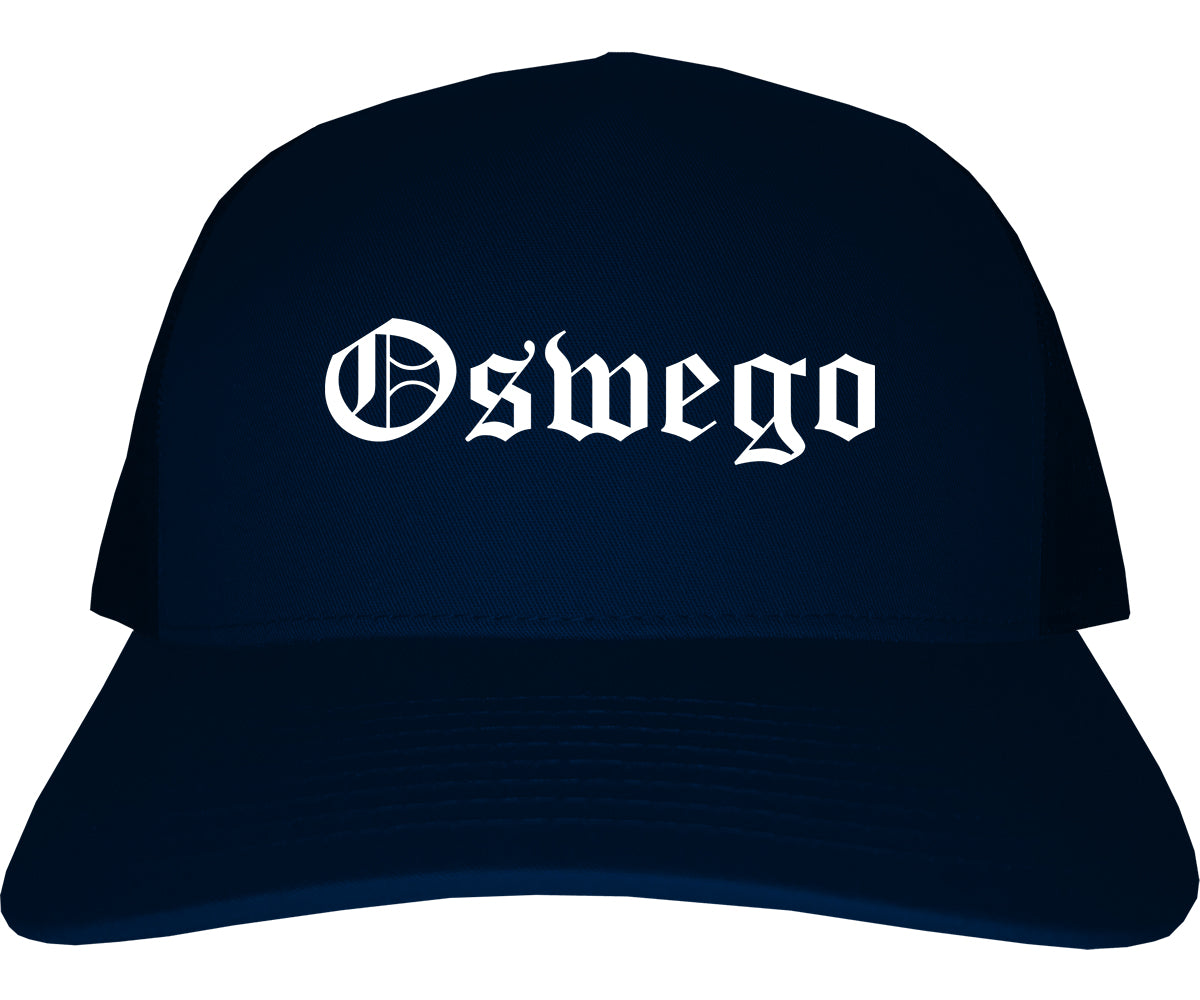 Oswego Illinois IL Old English Mens Trucker Hat Cap Navy Blue