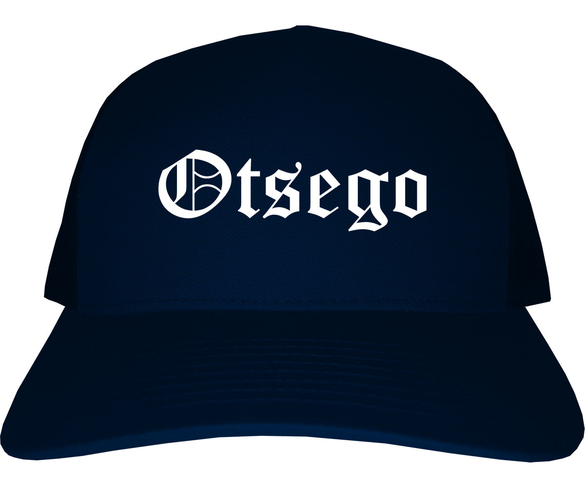 Otsego Minnesota MN Old English Mens Trucker Hat Cap Navy Blue