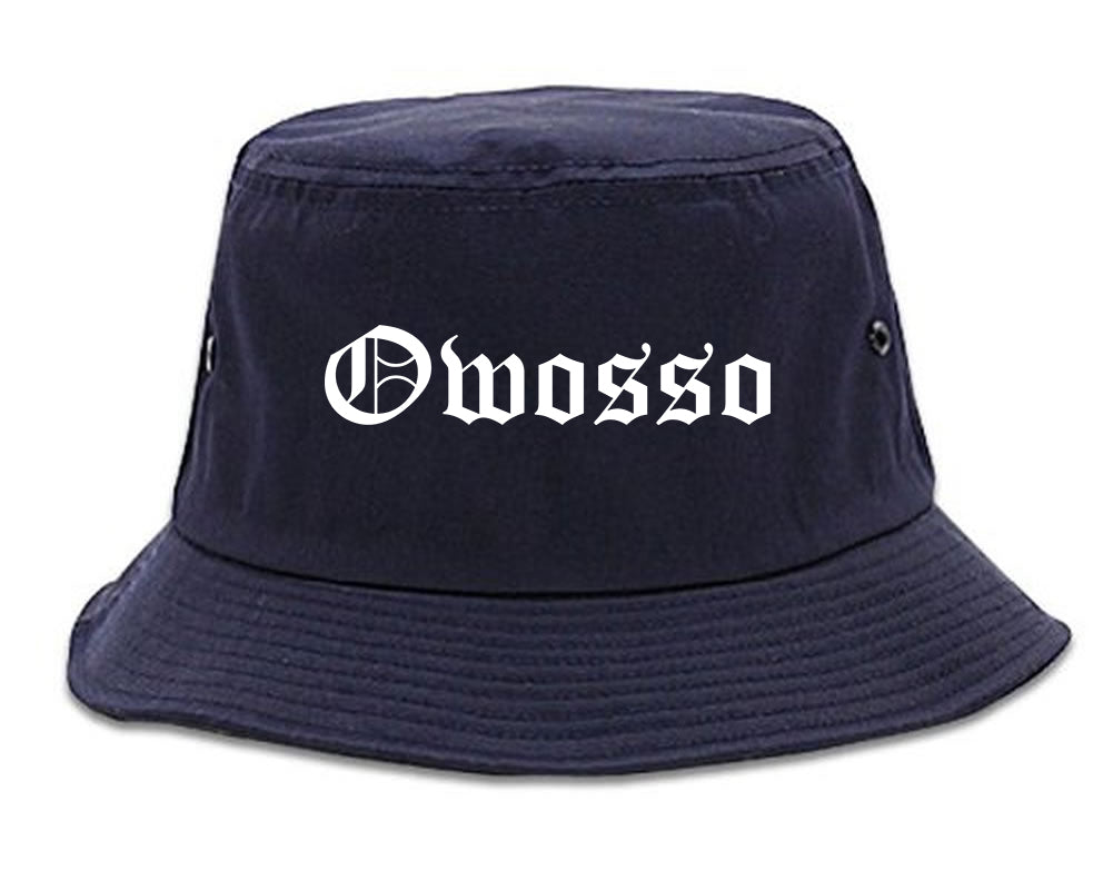 Owosso Michigan MI Old English Mens Bucket Hat Navy Blue