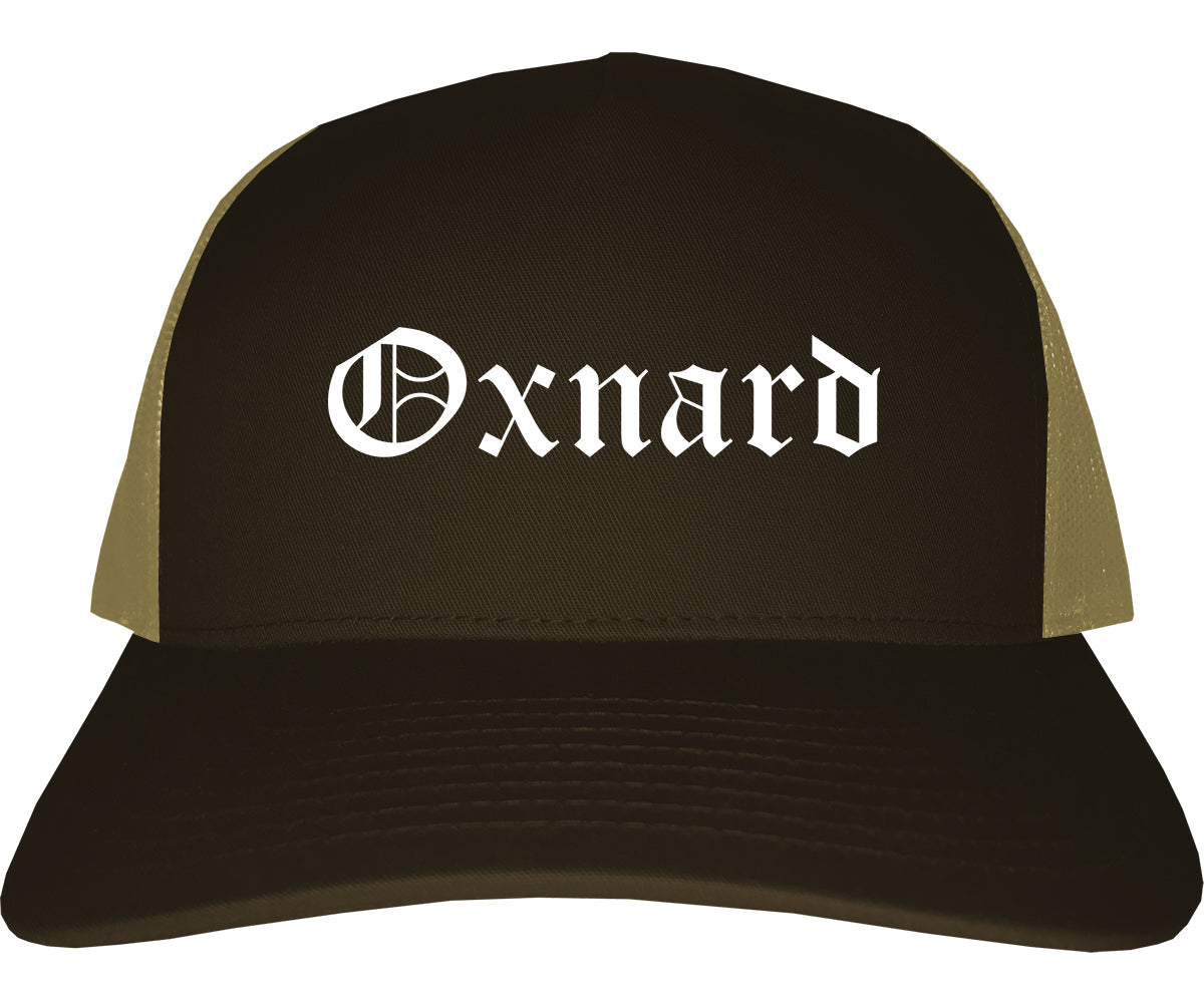 Oxnard California CA Old English Mens Trucker Hat Cap Brown