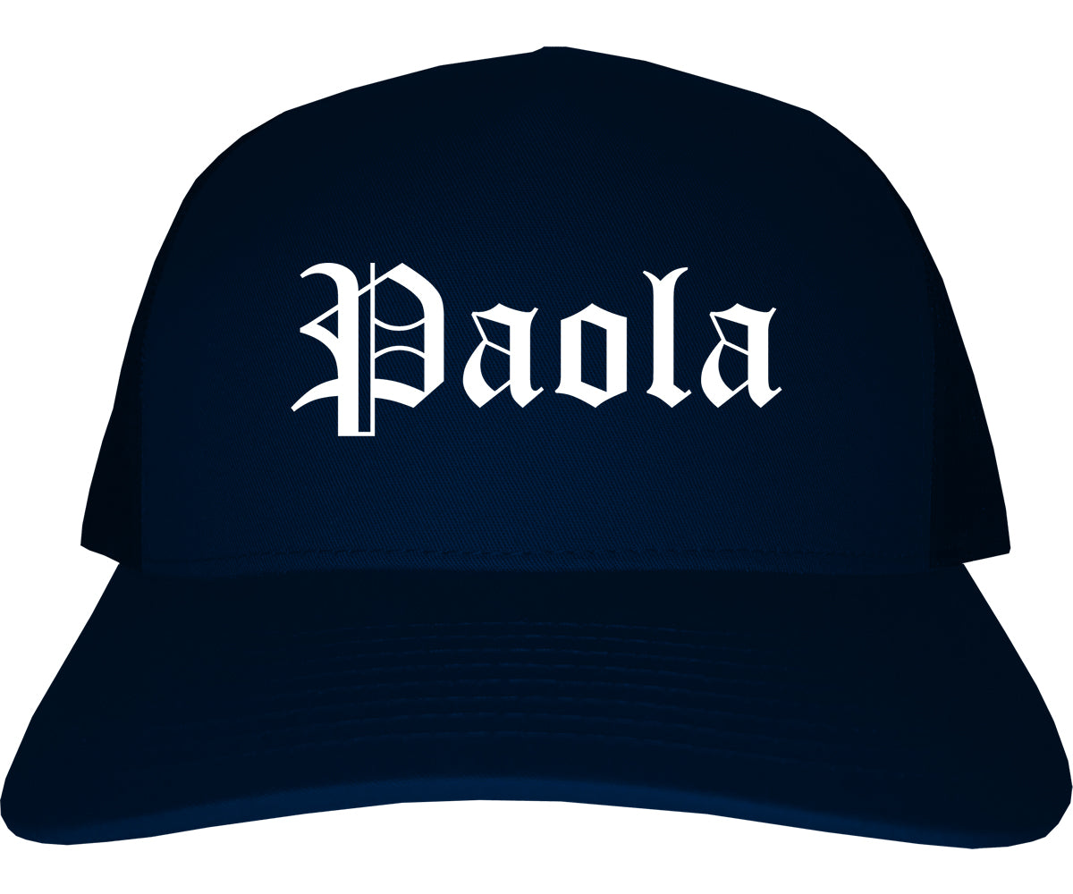Paola Kansas KS Old English Mens Trucker Hat Cap Navy Blue