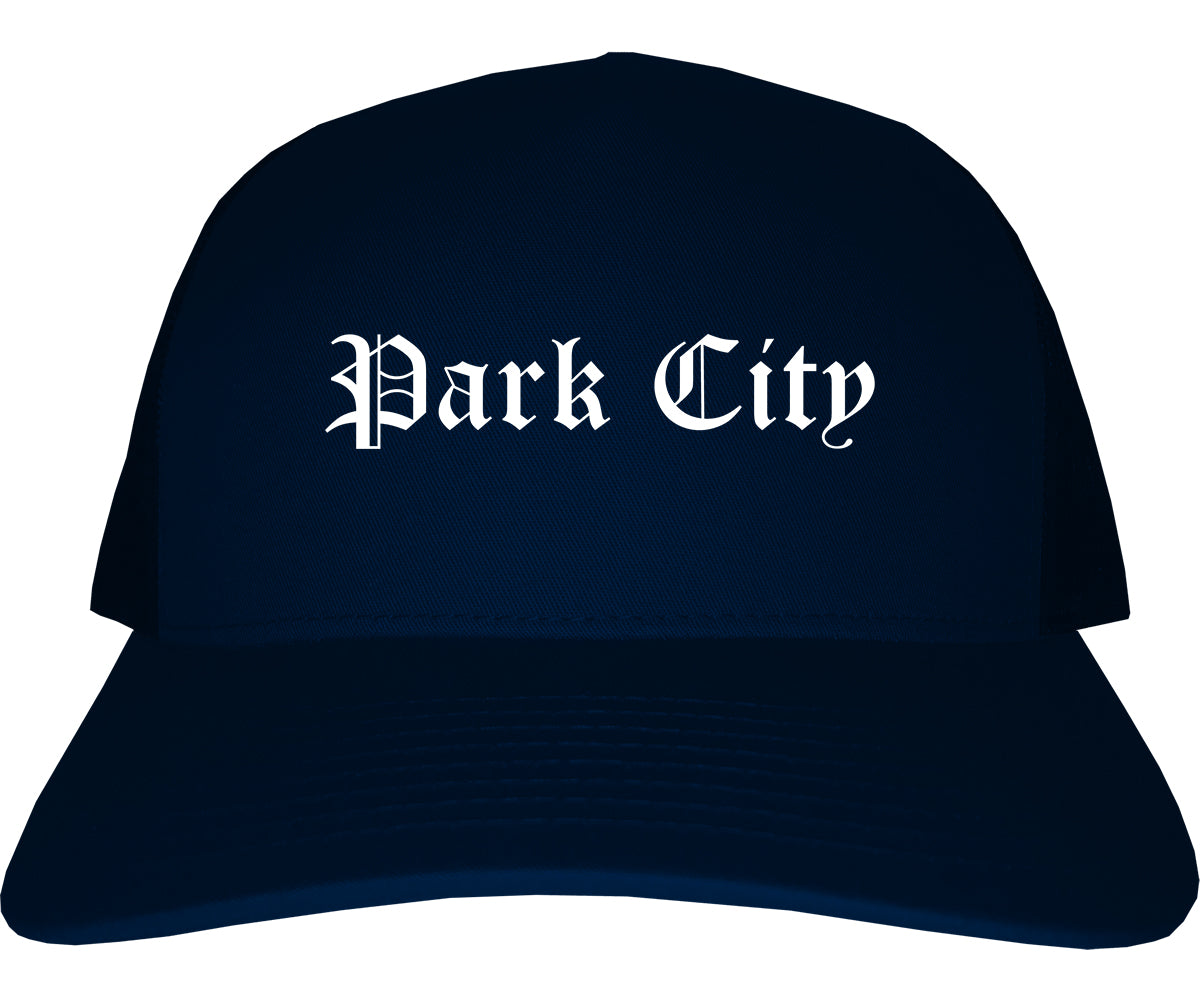 Park City Illinois IL Old English Mens Trucker Hat Cap Navy Blue