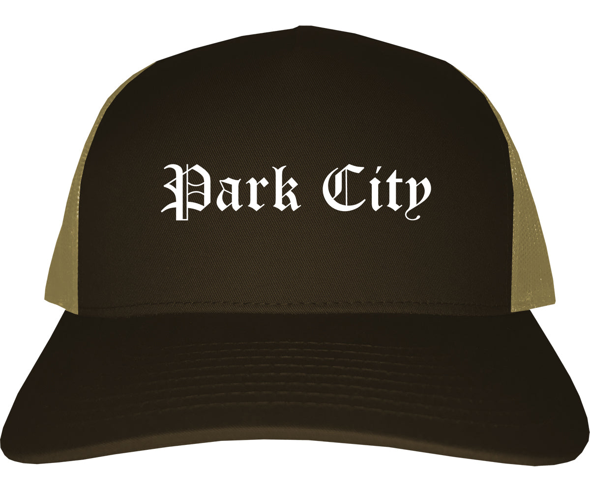 Park City Utah UT Old English Mens Trucker Hat Cap Brown