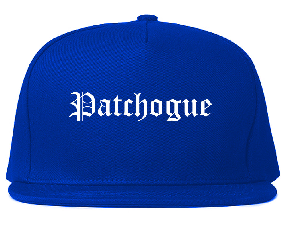 Patchogue New York NY Old English Mens Snapback Hat Royal Blue