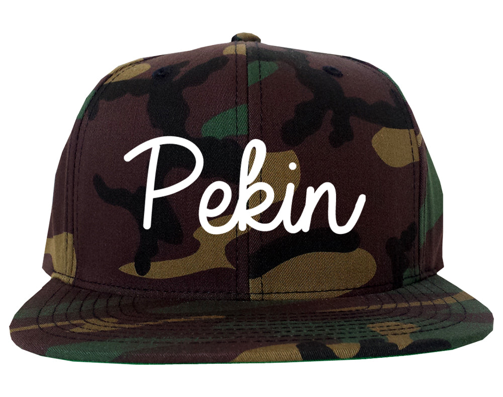 Pekin Illinois IL Script Mens Snapback Hat Army Camo
