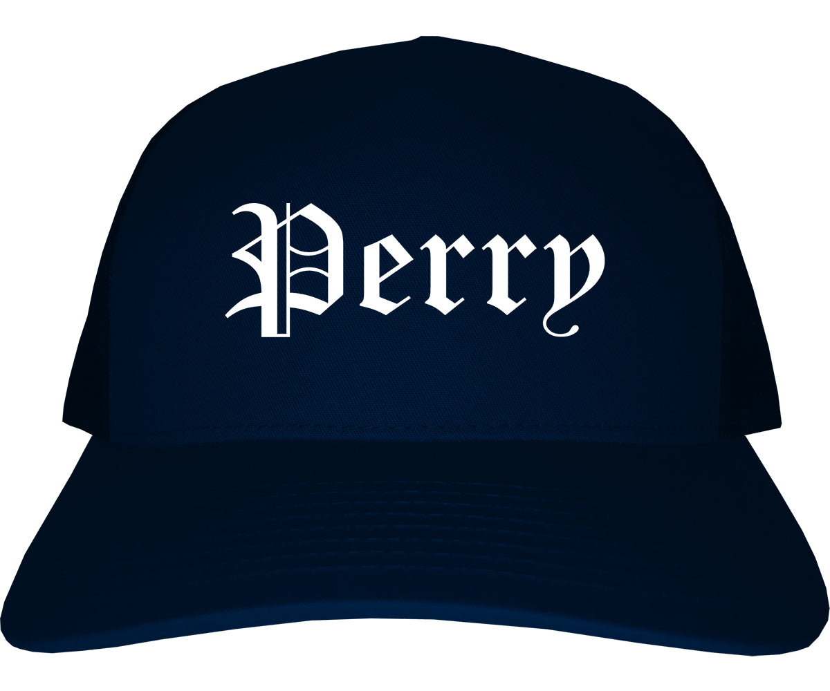 Perry Georgia GA Old English Mens Trucker Hat Cap Navy Blue
