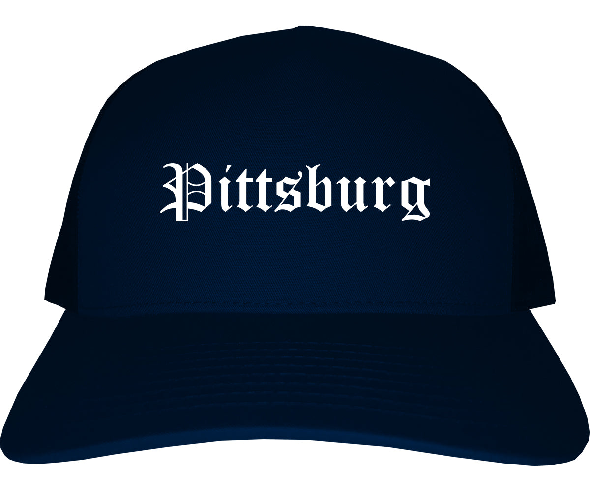 Pittsburg Kansas KS Old English Mens Trucker Hat Cap Navy Blue