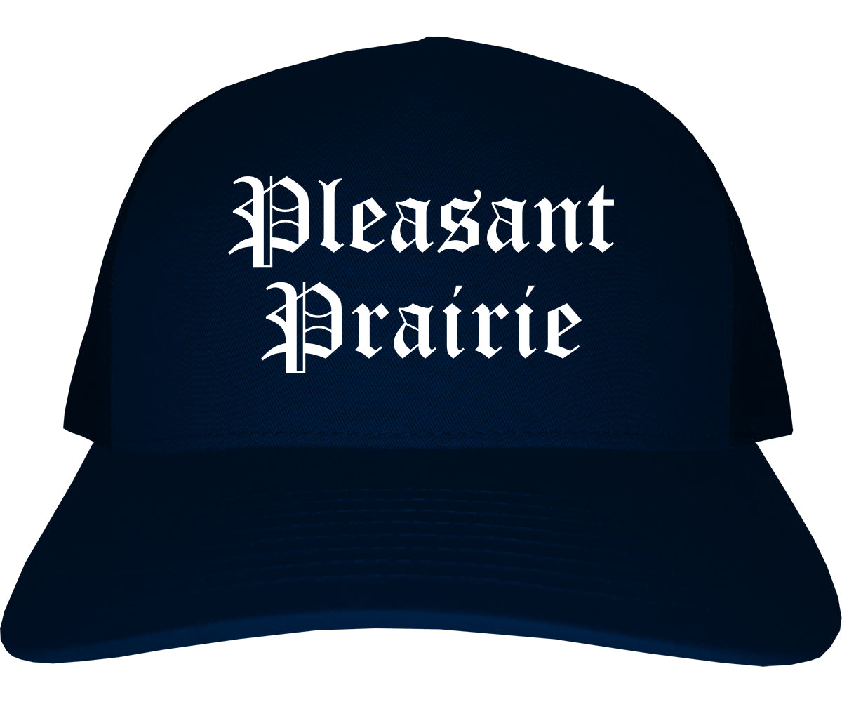 Pleasant Prairie Wisconsin WI Old English Mens Trucker Hat Cap Navy Blue