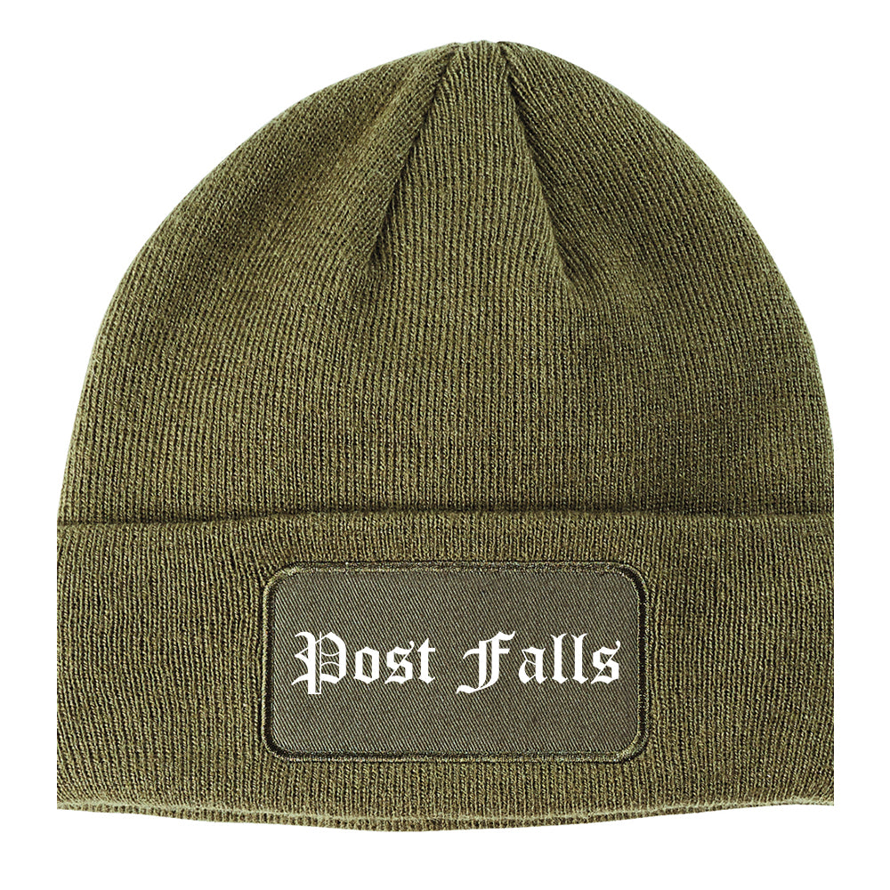 Post Falls Idaho ID Old English Mens Knit Beanie Hat Cap Olive Green