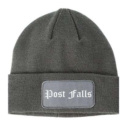 Post Falls Idaho ID Old English Mens Knit Beanie Hat Cap Grey
