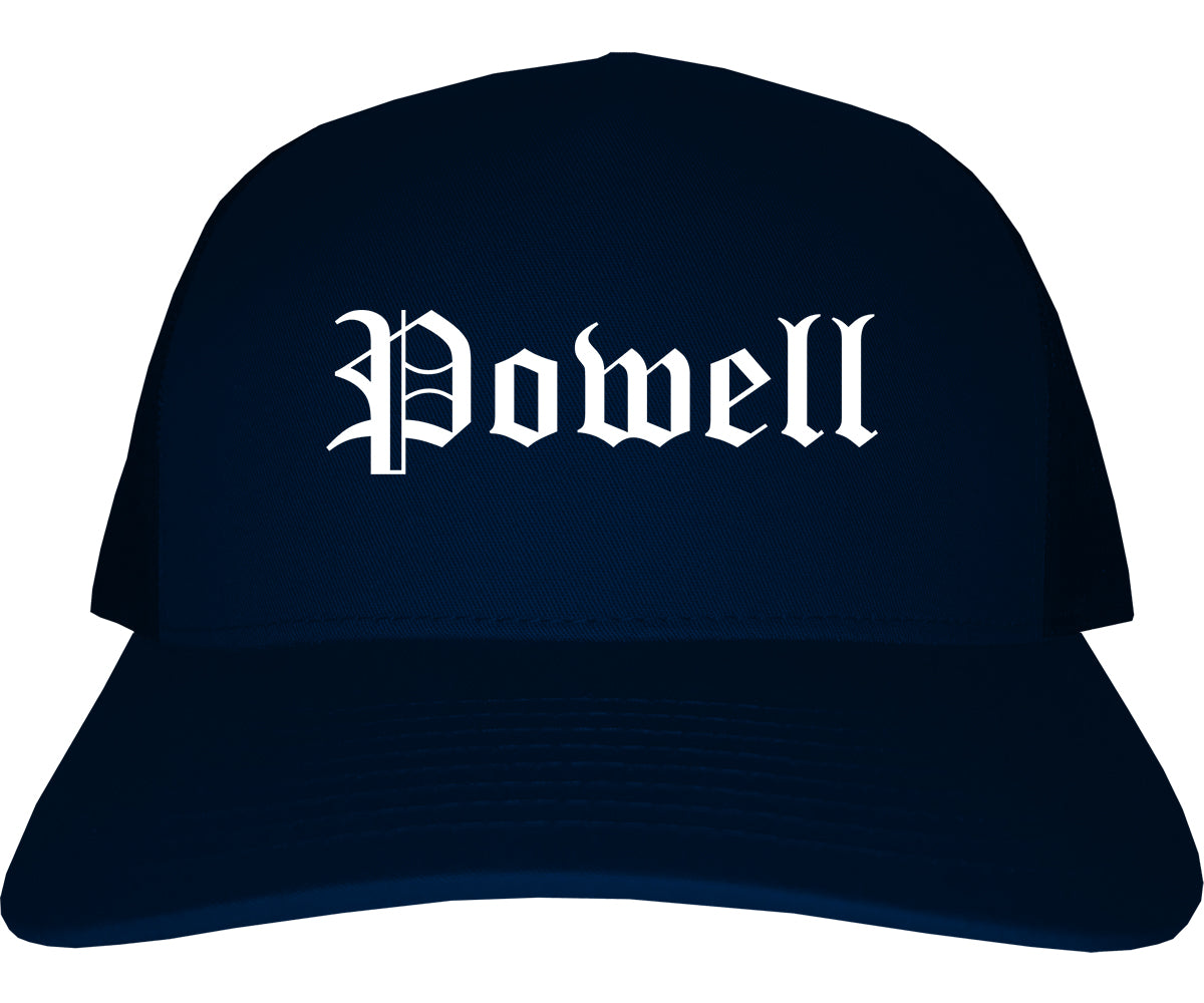 Powell Wyoming WY Old English Mens Trucker Hat Cap Navy Blue