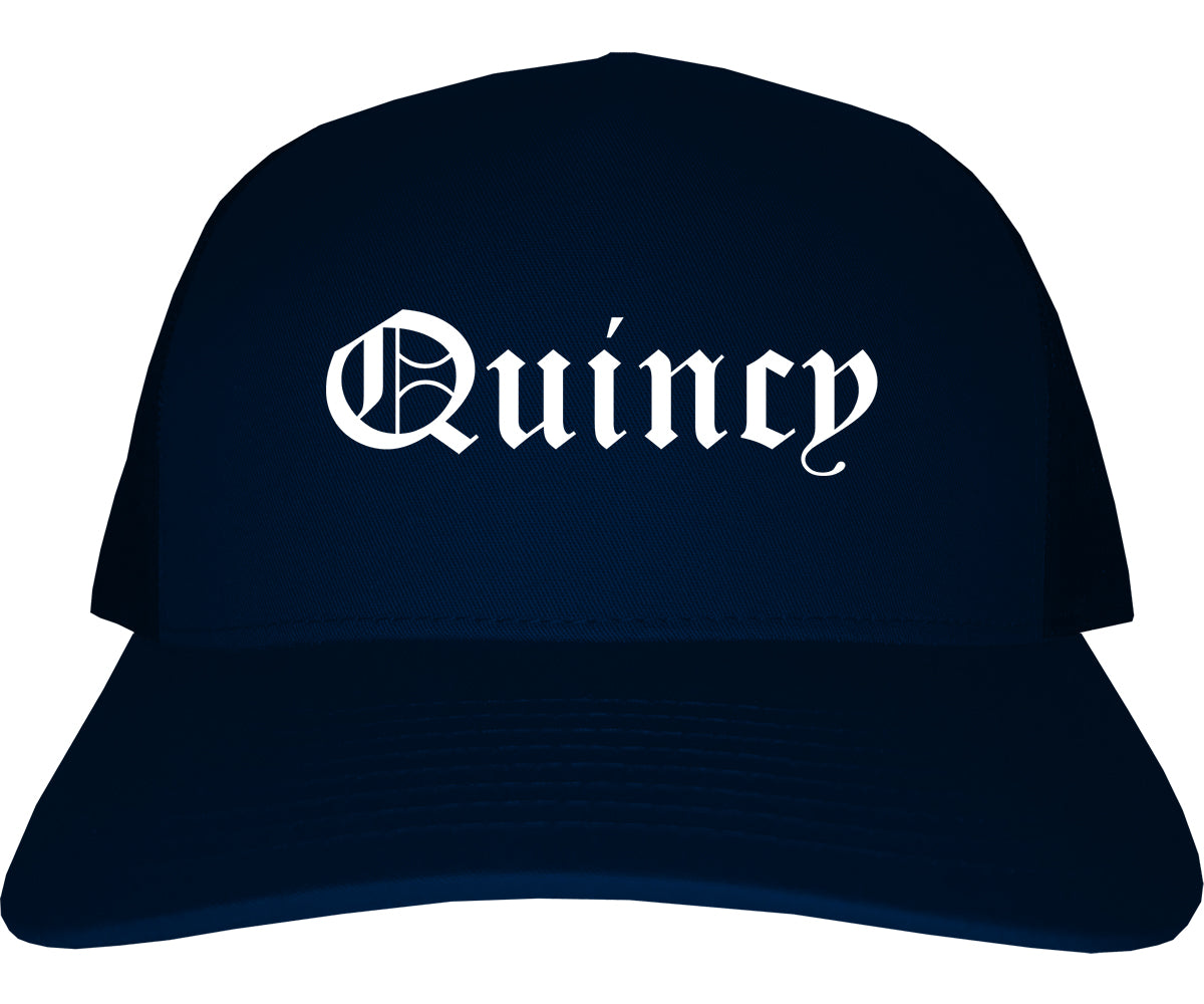 Quincy Illinois IL Old English Mens Trucker Hat Cap Navy Blue