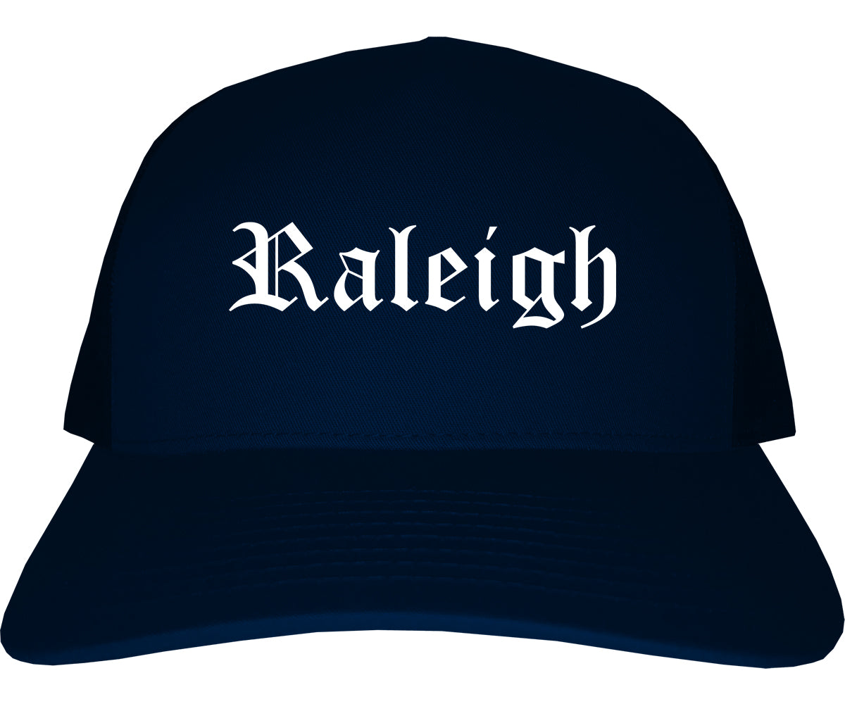 Raleigh North Carolina NC Old English Mens Trucker Hat Cap Navy Blue
