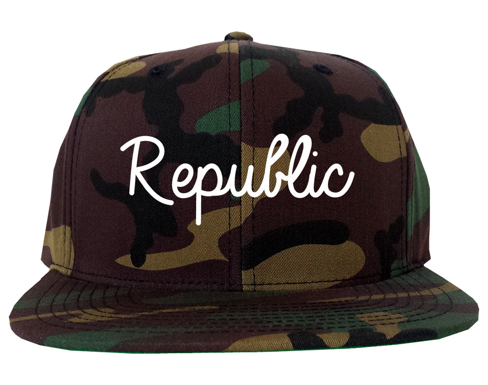 Republic Missouri MO Script Mens Snapback Hat Army Camo
