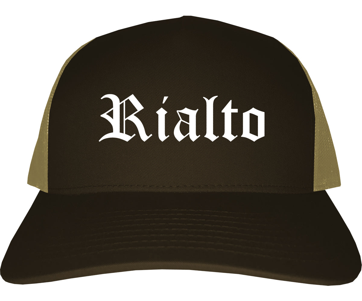 Rialto California CA Old English Mens Trucker Hat Cap Brown