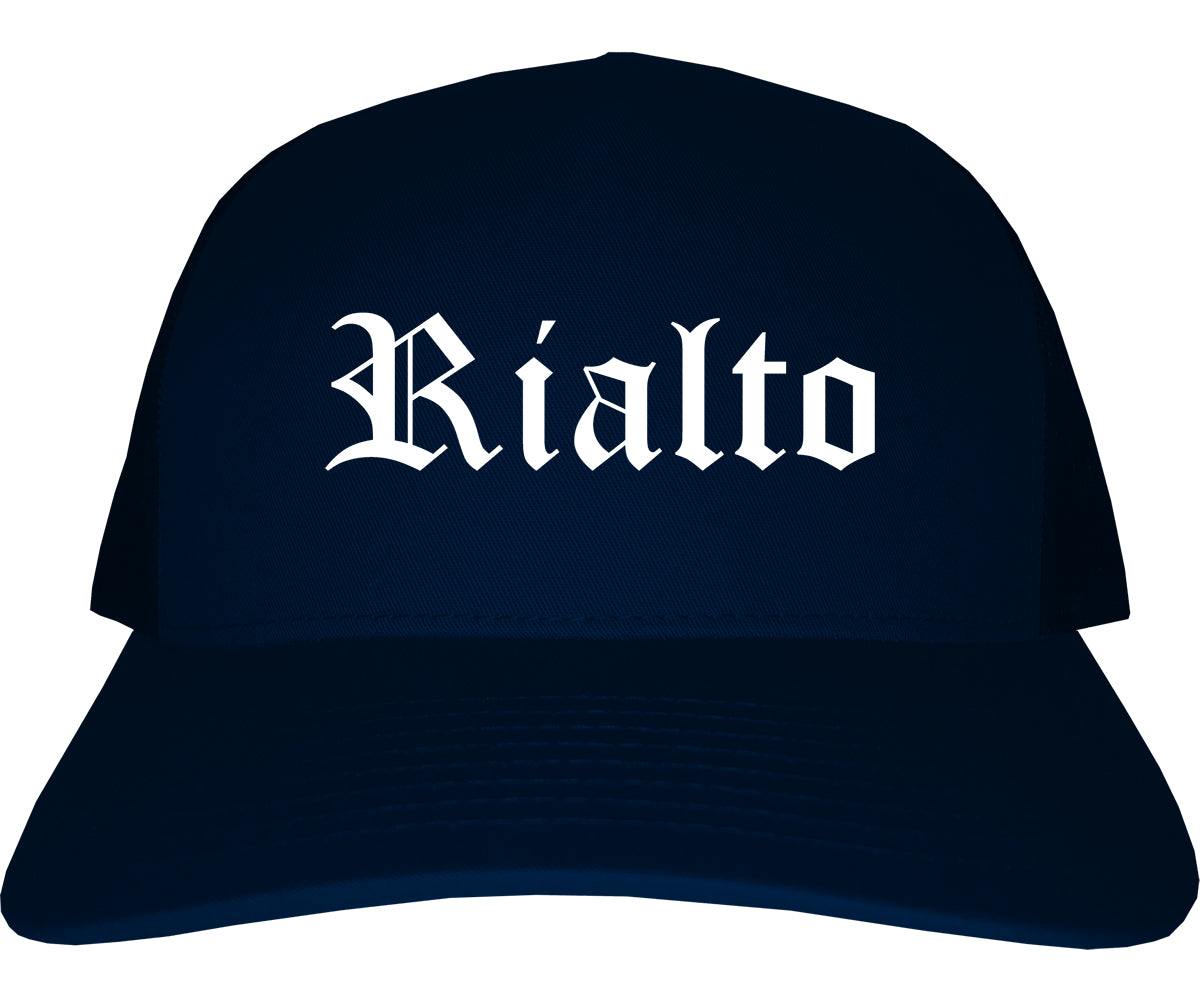 Rialto California CA Old English Mens Trucker Hat Cap Navy Blue