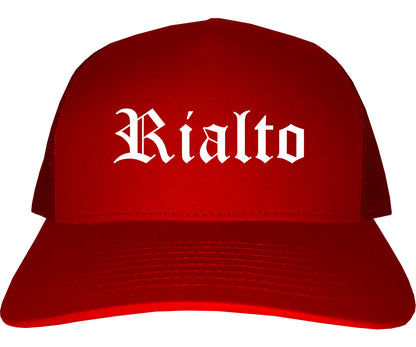 Rialto California CA Old English Mens Trucker Hat Cap Red