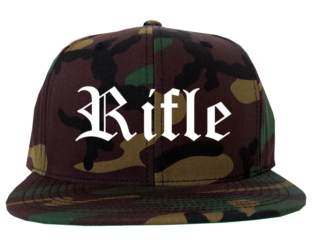 Rifle Colorado CO Old English Mens Snapback Hat Army Camo