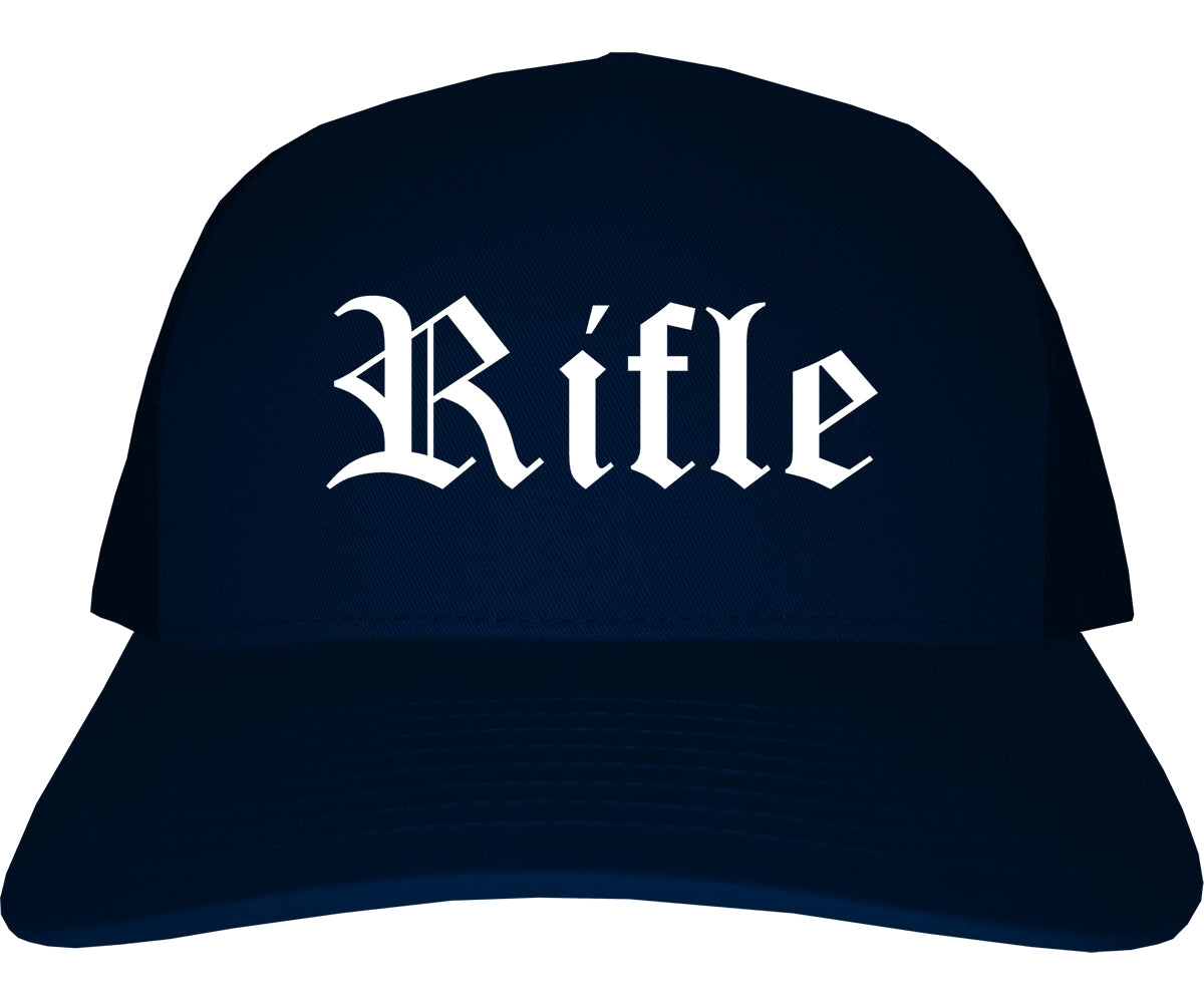 Rifle Colorado CO Old English Mens Trucker Hat Cap Navy Blue