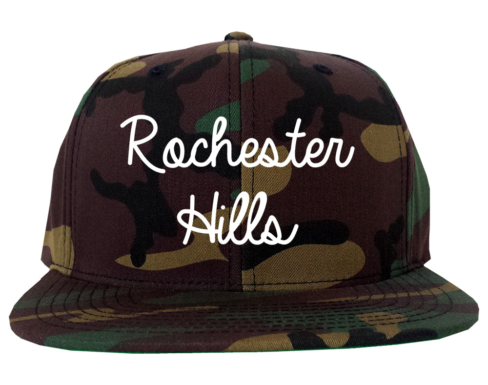 Rochester Hills Michigan MI Script Mens Snapback Hat Army Camo