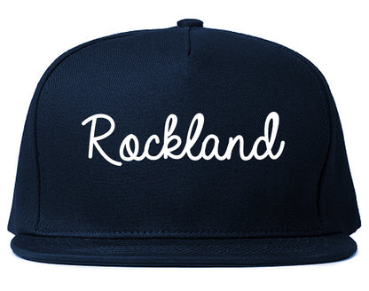 Rockland Maine ME Script Mens Snapback Hat Navy Blue