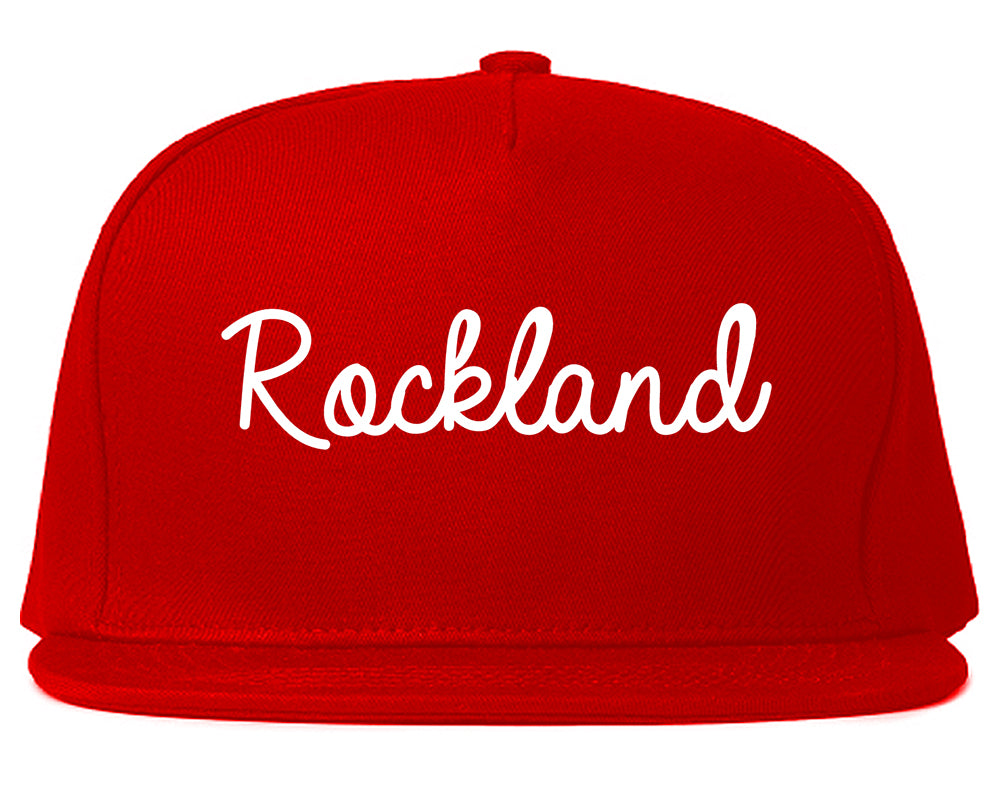 Rockland Maine ME Script Mens Snapback Hat Red