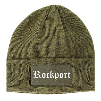 Rockport Texas TX Old English Mens Knit Beanie Hat Cap Olive Green