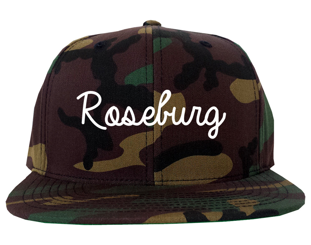 Roseburg Oregon OR Script Mens Snapback Hat Army Camo