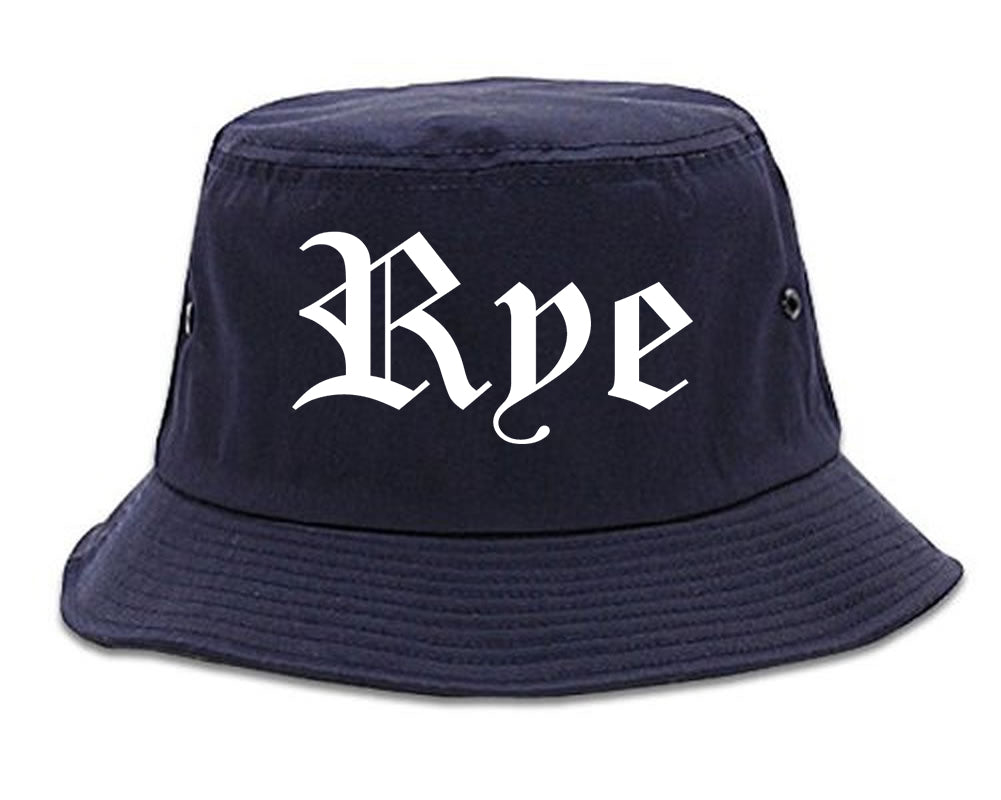 Rye New York NY Old English Mens Bucket Hat Navy Blue