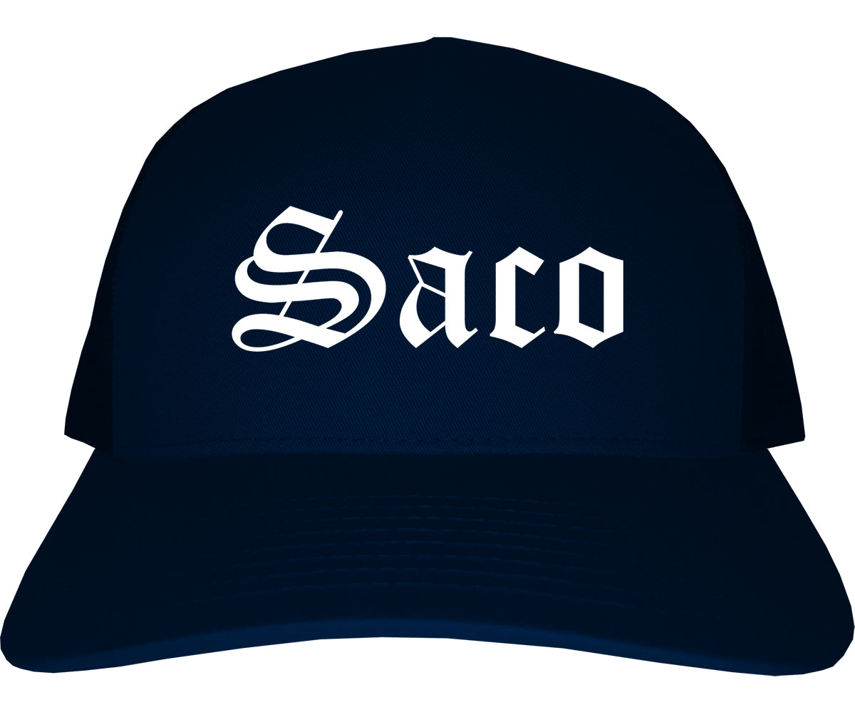 Saco Maine ME Old English Mens Trucker Hat Cap Navy Blue