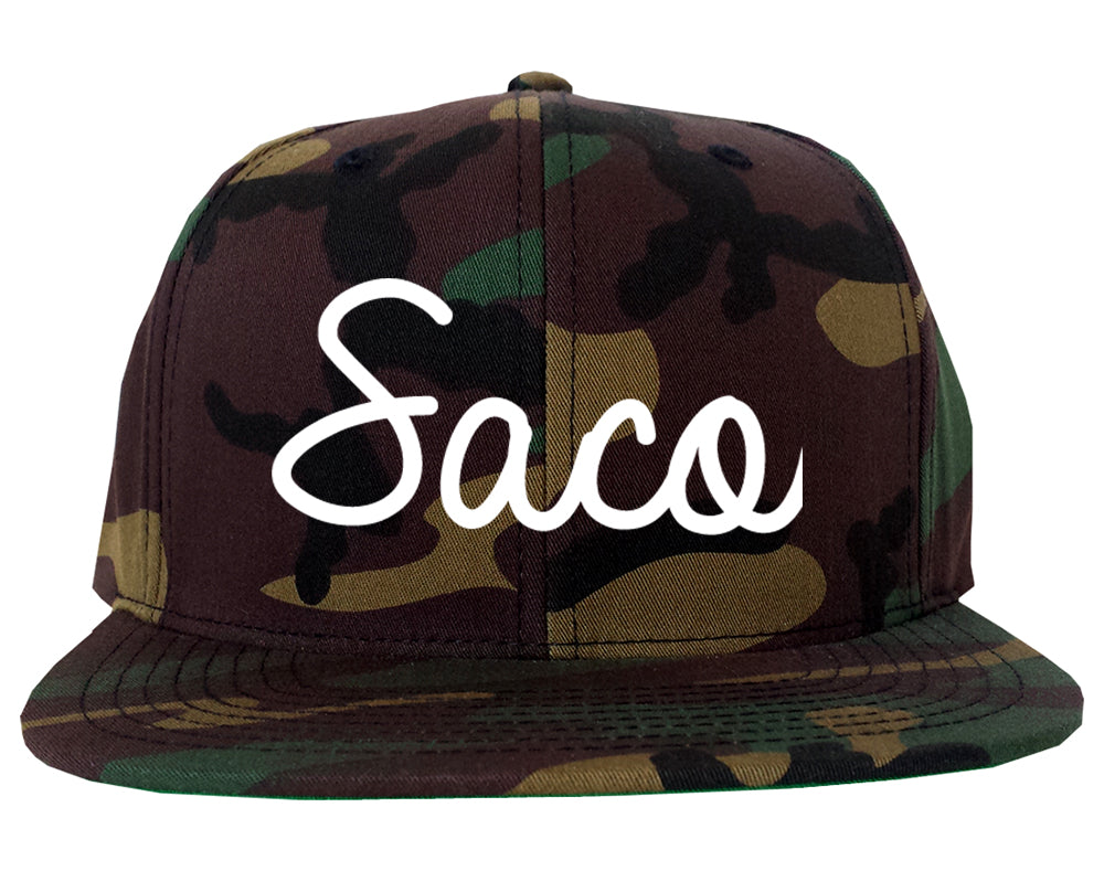Saco Maine ME Script Mens Snapback Hat Army Camo
