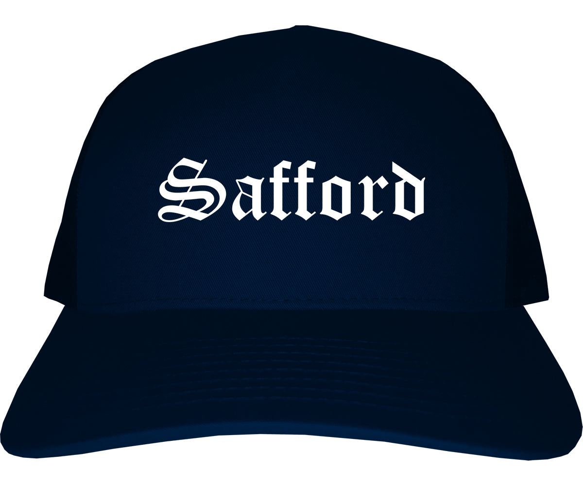 Safford Arizona AZ Old English Mens Trucker Hat Cap Navy Blue