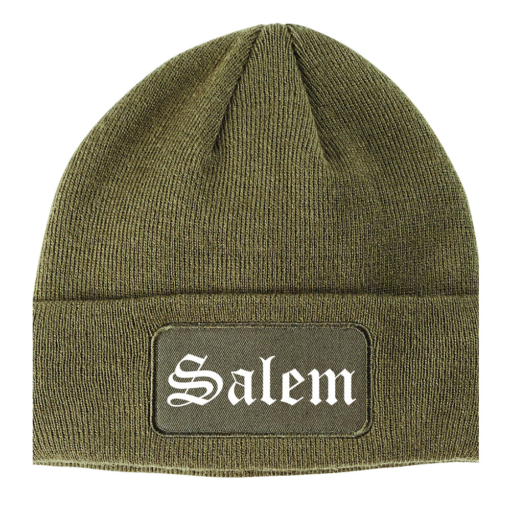 Salem Massachusetts MA Old English Mens Knit Beanie Hat Cap Olive Green