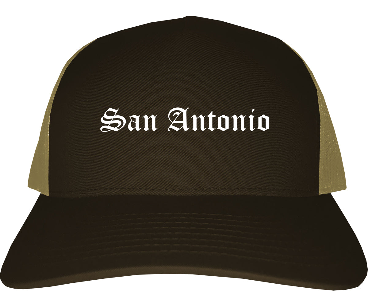 San Antonio Texas TX Old English Mens Trucker Hat Cap Brown