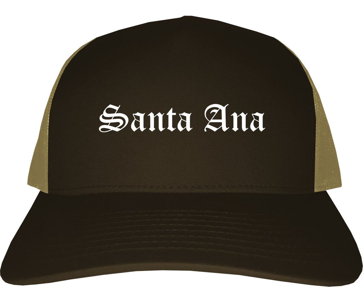 Santa Ana California CA Old English Mens Trucker Hat Cap Brown