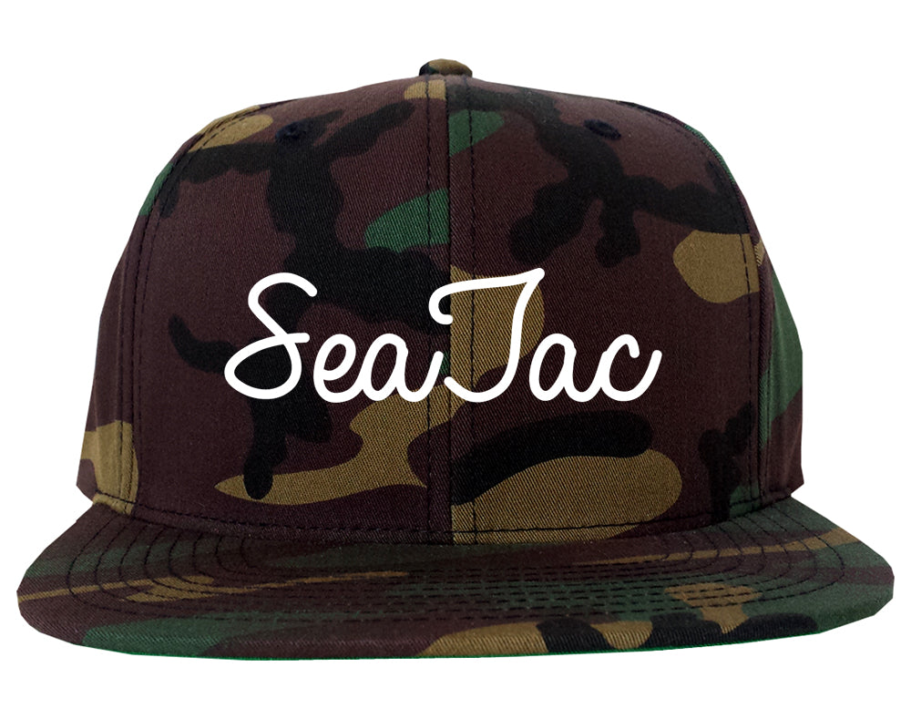 SeaTac Washington WA Script Mens Snapback Hat Army Camo