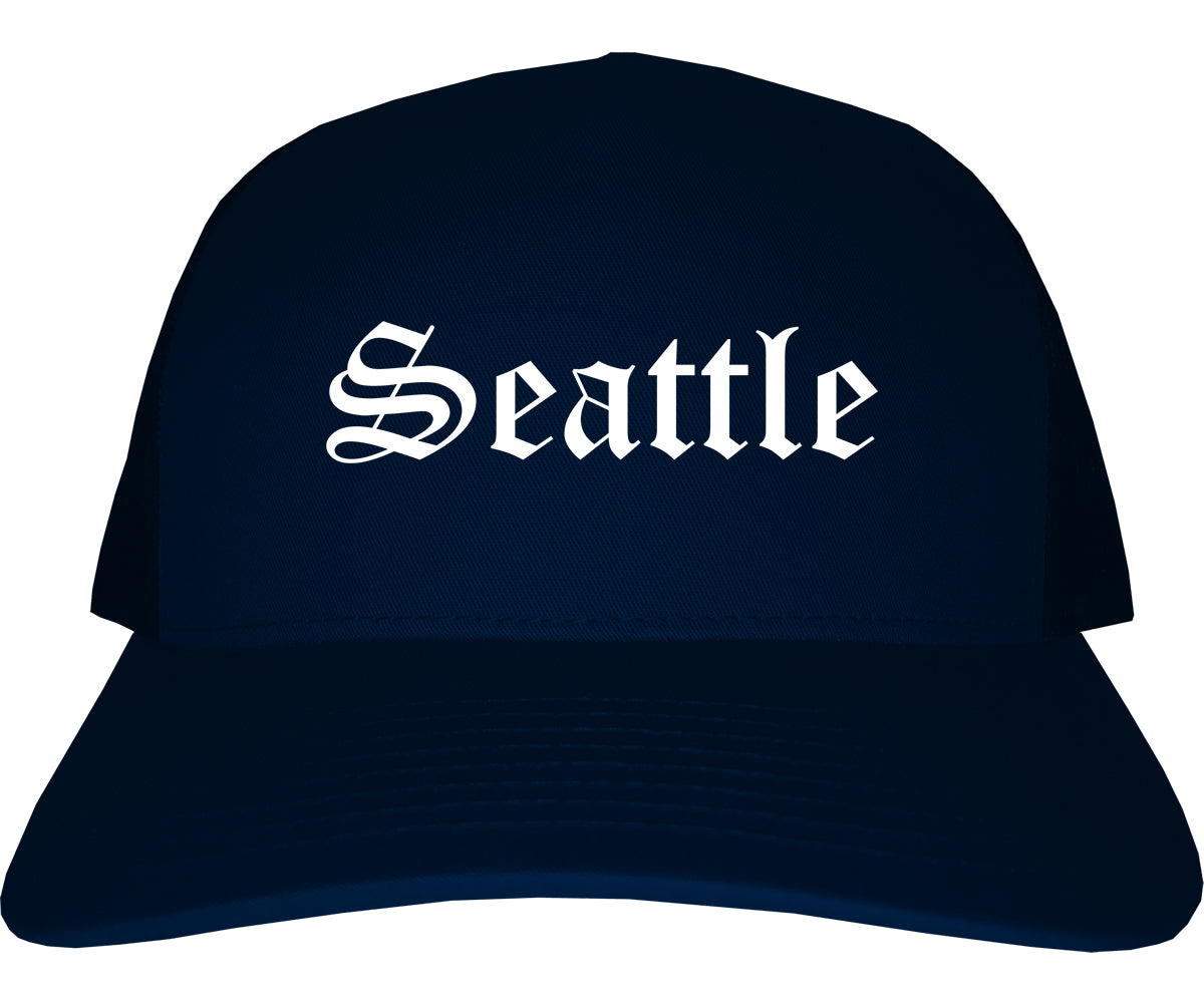 Seattle Washington WA Old English Mens Trucker Hat Cap Navy Blue