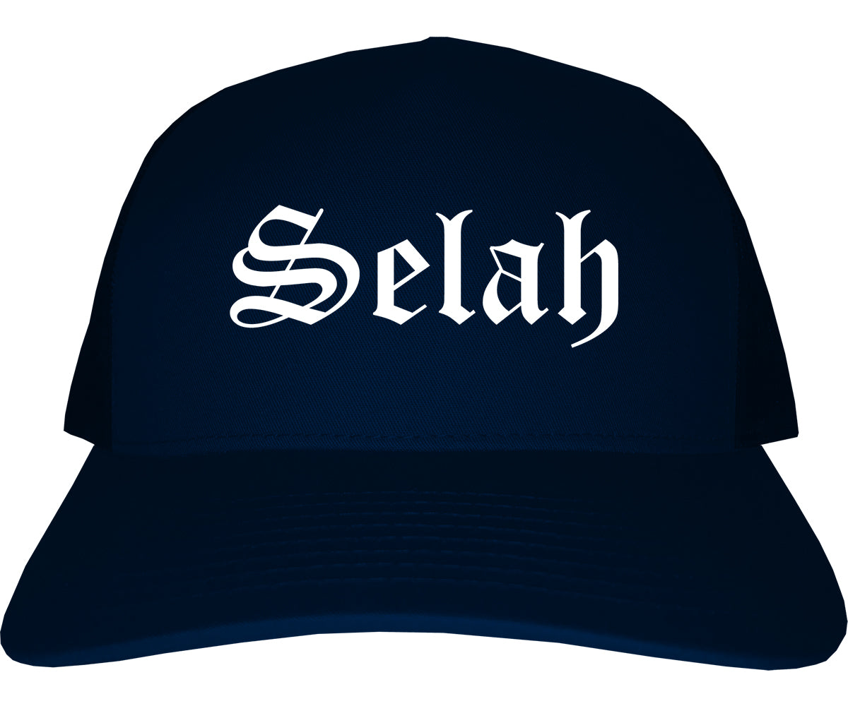 Selah Washington WA Old English Mens Trucker Hat Cap Navy Blue